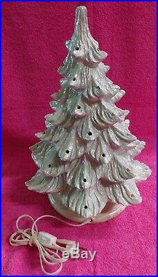 Vintage Ceramic Greenish White Christmas Tree with Base Musical White Christmas