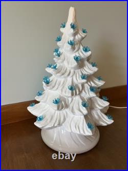 Vintage Ceramic Large Lighted White Christmas Tree with Blue Lights 16 Withbase