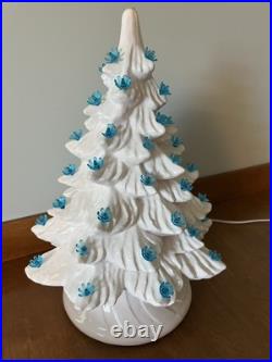Vintage Ceramic Large Lighted White Christmas Tree with Blue Lights 16 Withbase