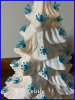 Vintage Ceramic Large Lighted White Christmas Tree with Blue Lights 16 Withbase