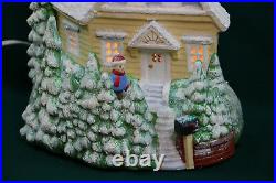 Vintage Ceramic Light Up Christmas House & Trees Flocked Snow Covered & Glitter