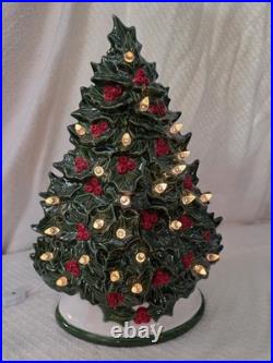 Vintage Ceramic Light-Up Holly Christmas Tree Hand Painted Works TALL
