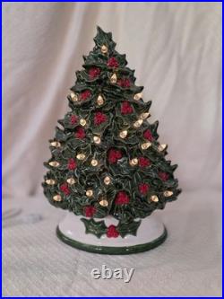 Vintage Ceramic Light-Up Holly Christmas Tree Hand Painted Works TALL