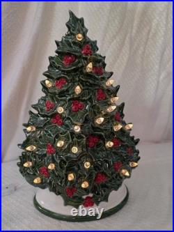 Vintage Ceramic Light-Up Holly Christmas Tree Hand Painted Works TALL