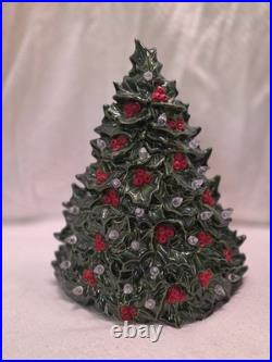 Vintage Ceramic Light-Up Holly Christmas Tree Hand Painted Works TALL