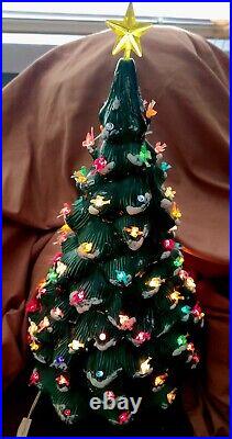 Vintage Ceramic Light-up Christmas Tree/Base 22 withSnow Tips+ BIRDS +Xtra BULBS