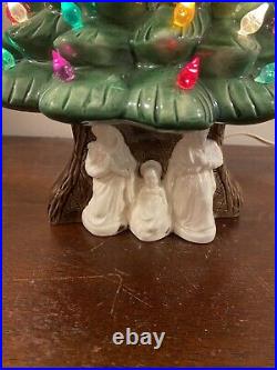 Vintage Ceramic Lighted Christmas Tree 15Inch 2 Pieces With Nativity Excellent