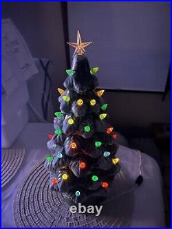 Vintage Ceramic Lighted Christmas Tree 17 Holly Base All Lights Work + Box