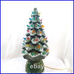 Vintage Ceramic Lighted Christmas Tree With Base Green Snow on Limbs