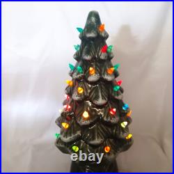 Vintage Ceramic Lighted Christmas Tree With Base Green Snow on Limbs
