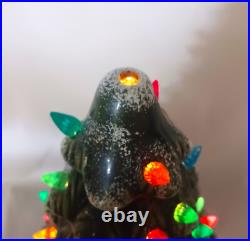 Vintage Ceramic Lighted Christmas Tree With Base Green Snow on Limbs