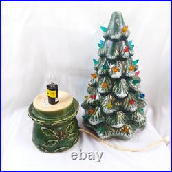 Vintage Ceramic Lighted Christmas Tree With Base Green Snow on Limbs