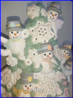 Vintage Ceramic Lighted Light Up Hand Painted Posing Snowmen Christmas Tree