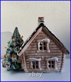 Vintage Ceramic Log Cabin Christmas Tree With Light Holiday Decor