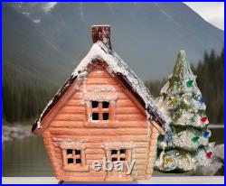 Vintage Ceramic Mountain Cabin With Decorated Christmas Tree Holiday Decor