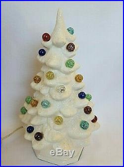 Vintage Ceramic WHITE Sparkle Marbles Christmas Tree Flocked with Lighted Base