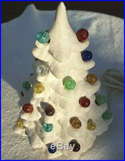 Vintage Ceramic WHITE Sparkle Marbles Christmas Tree Flocked with Lighted Base