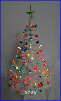 Vintage Ceramic Xmas Tree Gloss White with colored inserts 19 Lighted WORKS