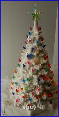 Vintage Ceramic Xmas Tree Gloss White with colored inserts 19 Lighted WORKS