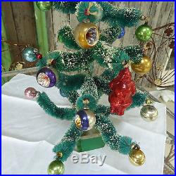 Vintage Chenille/Flocked Christmas Tree /w Old Ornaments W Germany 19Tx11W