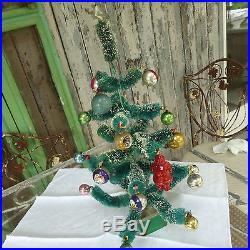 Vintage Chenille/Flocked Christmas Tree /w Old Ornaments W Germany 19Tx11W