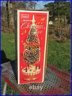 Vintage Christmas 18 Bottle Brush Tree Flocked Glass Ornaments Musical in BOX