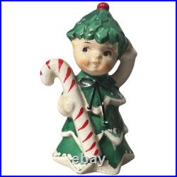 Vintage Christmas Bell Tree Girl Fairy Candy Cane Holder Green Porcelain 3