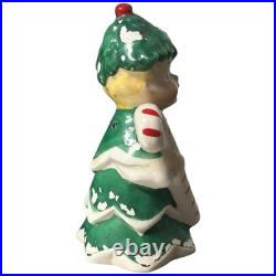 Vintage Christmas Bell Tree Girl Fairy Candy Cane Holder Green Porcelain 3