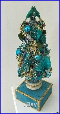 Vintage Christmas Bottle Brush TEAL Tree Glass Ornaments Glitter birds MUSIC BOX