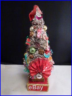 Vintage Christmas Bottle Brush Tree Glass Ornaments Glitter Wood Base