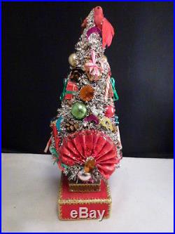 Vintage Christmas Bottle Brush Tree Glass Ornaments Glitter Wood Base