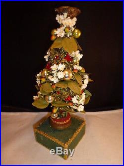 Vintage Christmas Bottle Brush Tree Glass Ornaments Glitter Wood Base MUSIC BOX