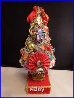 Vintage Christmas Bottle Brush Tree Glass Ornaments Glitter Wood Base Music BOX