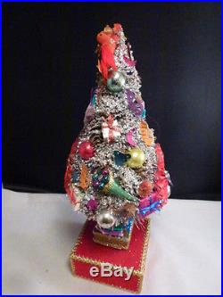 Vintage Christmas Bottle Brush Tree Glass Ornaments Glitter Wood Base Music BOX