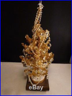 Vintage Christmas Bottle Brush Tree Ornaments Wood Base GOLD and crystal ball
