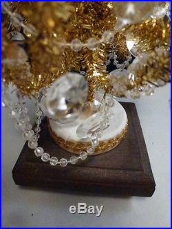 Vintage Christmas Bottle Brush Tree Ornaments Wood Base GOLD and crystal ball