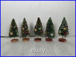 Vintage Christmas Bottle Brush Tree Set Of 5 Mercury Glass Bead Velvet Foil MCM