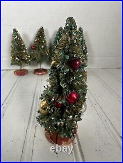 Vintage Christmas Bottle Brush Tree Set Of 5 Mercury Glass Bead Velvet Foil MCM
