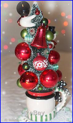 Vintage Christmas Bottle Brush Tree with Snowman Cup Decoration Ornaments Winter