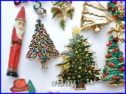 Vintage Christmas Brooches Lot of 34 Tree Santa Claus Pins Rhinestone Enamel