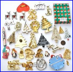 Vintage Christmas Brooches Lot of 34 Tree Santa Claus Pins Rhinestone Enamel
