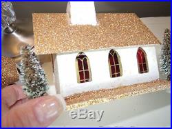 Vintage Christmas Cardboard MICA PUTZ Village CHURCH with BOTTLE BRUSH TREES