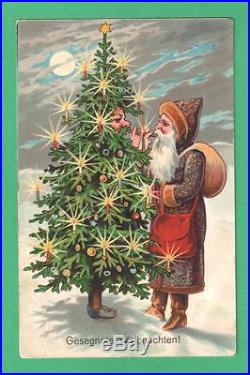 Vintage Christmas Fantasy Postcard Tree-santa Meets Santa Both Light Cigars Moon