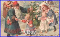 Vintage Christmas Htl Postcard Santa Claus Basket Toys Children Tree Snow