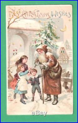 Vintage Christmas Htl Postcard Santa Claus Tree Children Village Moon Stars Snow