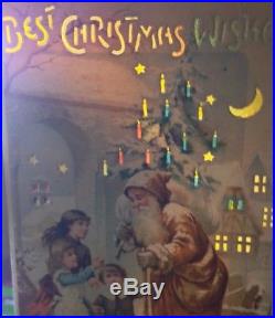 Vintage Christmas Htl Postcard Santa Claus Tree Children Village Moon Stars Snow