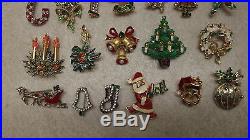 Vintage Christmas Pin Brooch Lot Of 24 Trees Wreaths Bells Reindeer Candles
