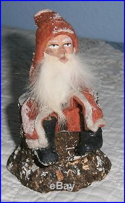 Vintage Christmas Santa Candy Container Sitting on Tree Trunk Stump