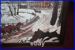 Vintage Christmas Snow Fields Painting Horses Sleigh Trees House Signed M Mendez