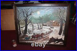 Vintage Christmas Snow Fields Painting Horses Sleigh Trees House Signed M Mendez